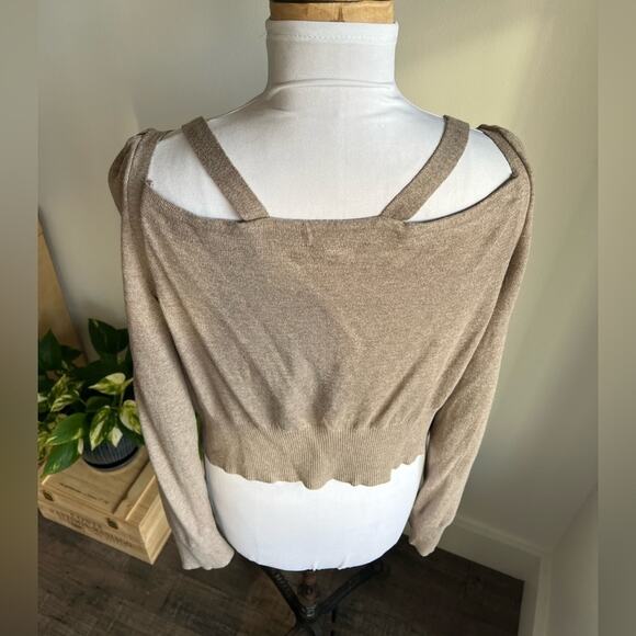 ANTHROPOLOGIE MOTH CARDIGAN SWEATER TAN SHOULDER CUTOUT SIZE S - Picture 6 of 9